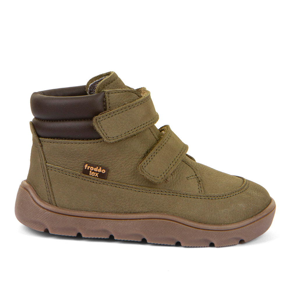 Bota Froddo Barefoot ZERU Tex em nobuck verde olive com fecho duplo e sola flexivel