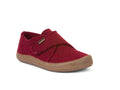 Botim barefoot Froddo Prewalkers WOOLY em feltro vermelho bordeaux, com fecho de velcro e sola flexível castanha.