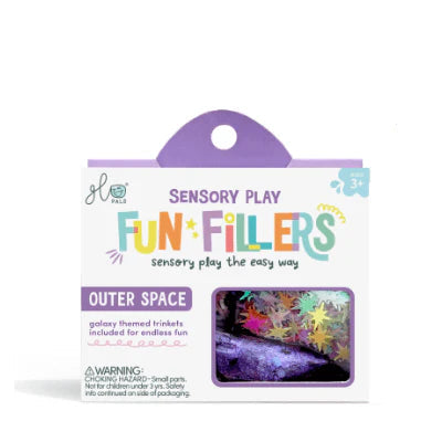 Embalagem das Recargas GloPals Fun Fillers "Outer Space", com brilhos e formas de estrelas e temas espaciais.