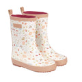 Galochas Little Dutch infantil em tom bege com padrão floral colorido, detalhes em rosa e sola antiderrapante.