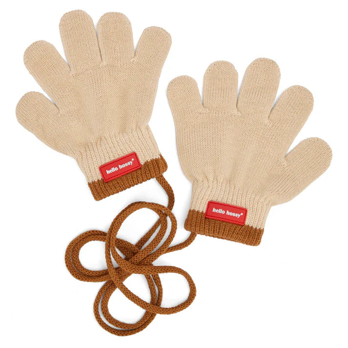 Luvas HELLO HOSSY Handy Creamy cor creme com punhos castanhos e cordão, ideais para crianças de 1-3 anos.