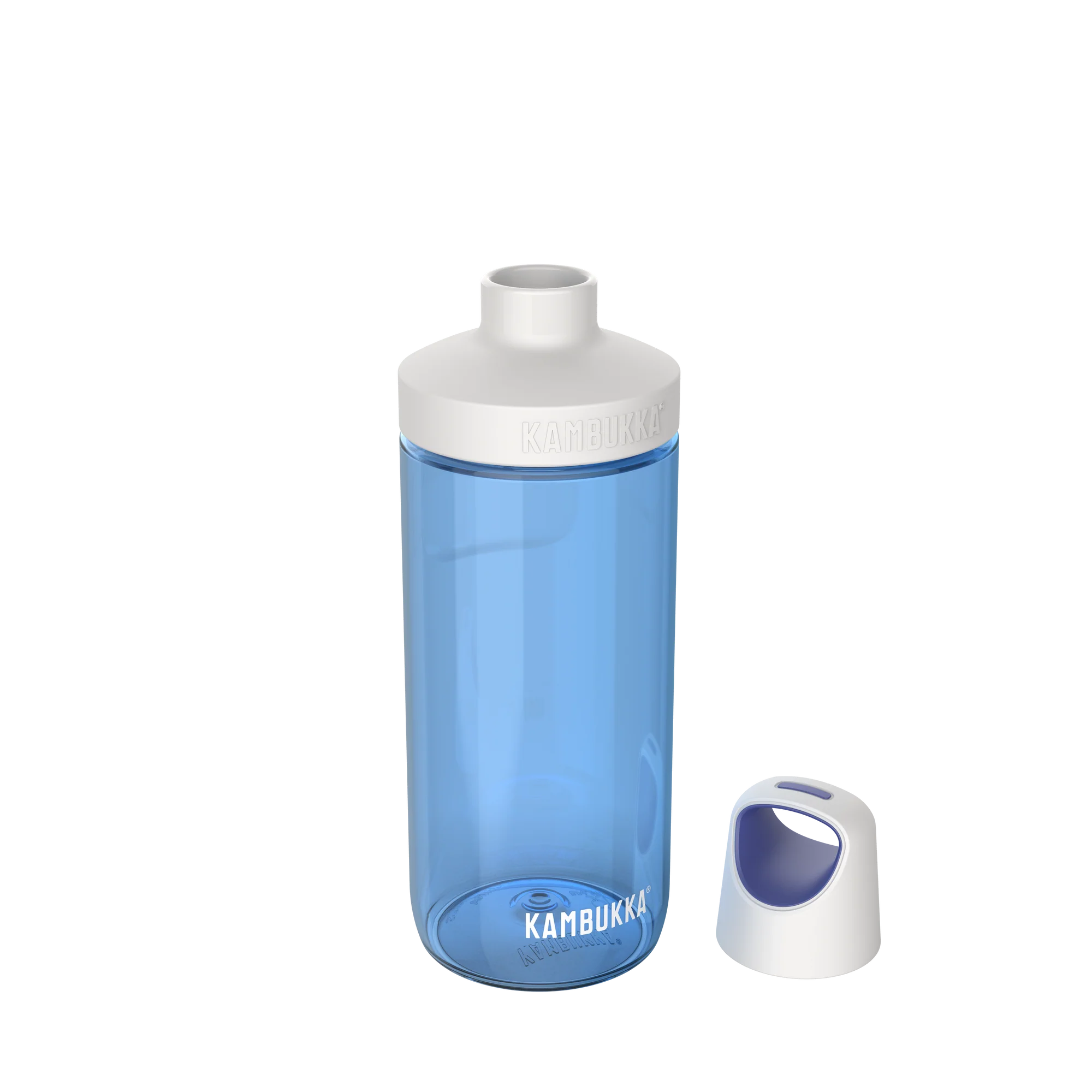 Garrafa Kambukka RENO Sapphire 500ml transparente com tampa branca separada, destacando o design.