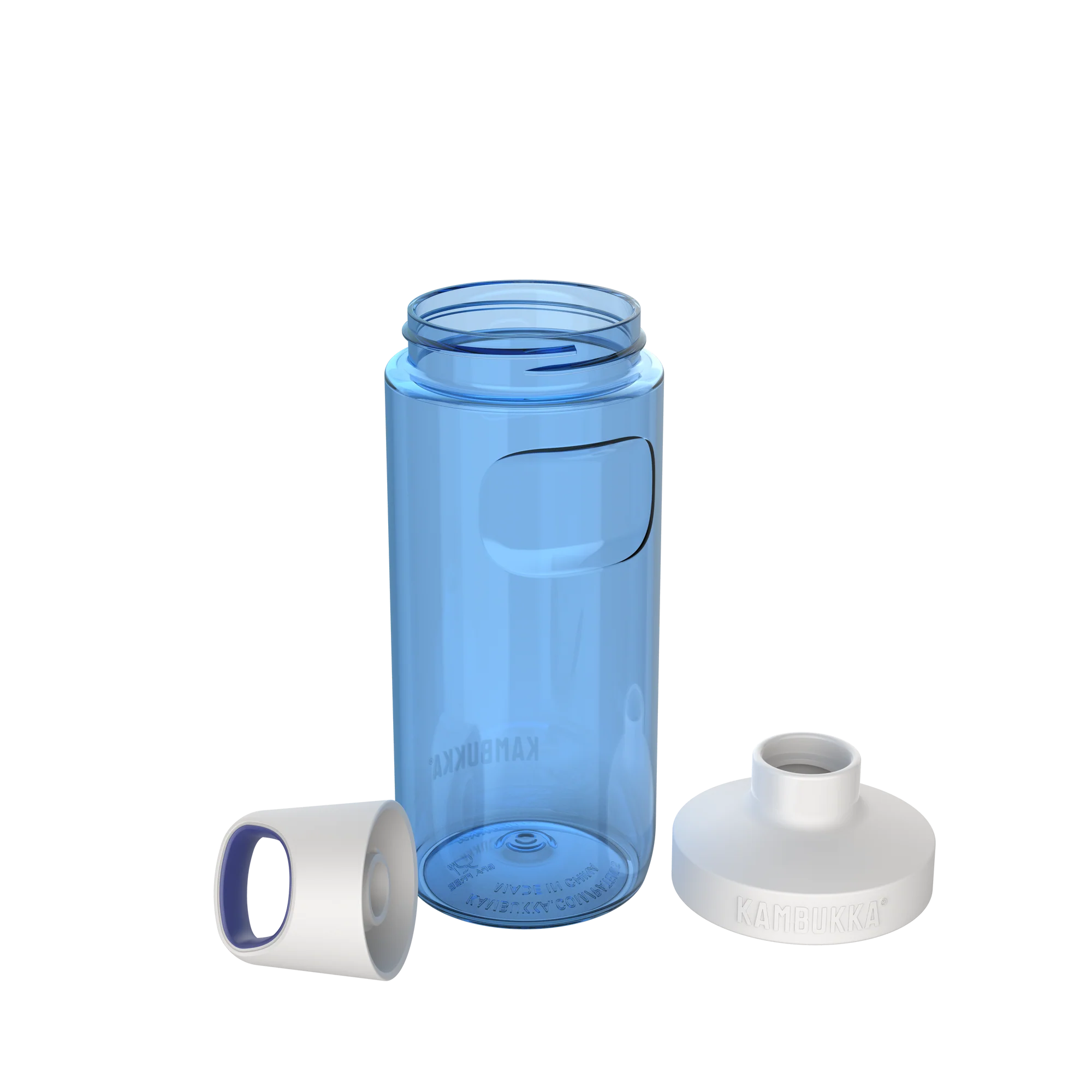 Vista explodida da garrafa Kambukka RENO Sapphire 500ml, mostrando o corpo azul, a base e a tampa separada para limpeza.
