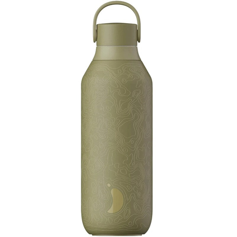 Garrafa térmica Chilly's Tierra 500 ml verde-azeitona com padrão topográfico em relevo e tampa com pega.