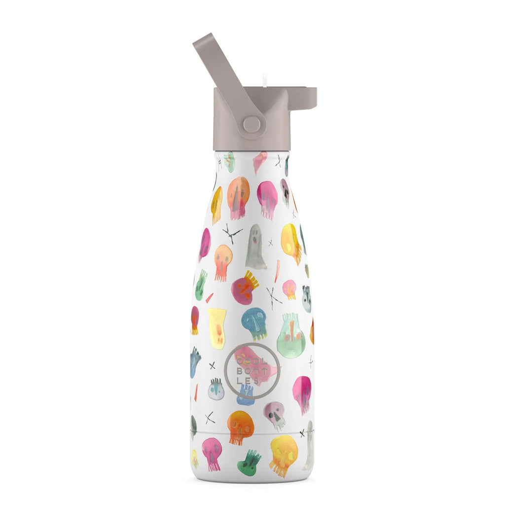 Garrafa térmica Cool Bottles 260ml com padrão "Crazy Skulls" colorido e tampa desportiva cinza com palhinha.