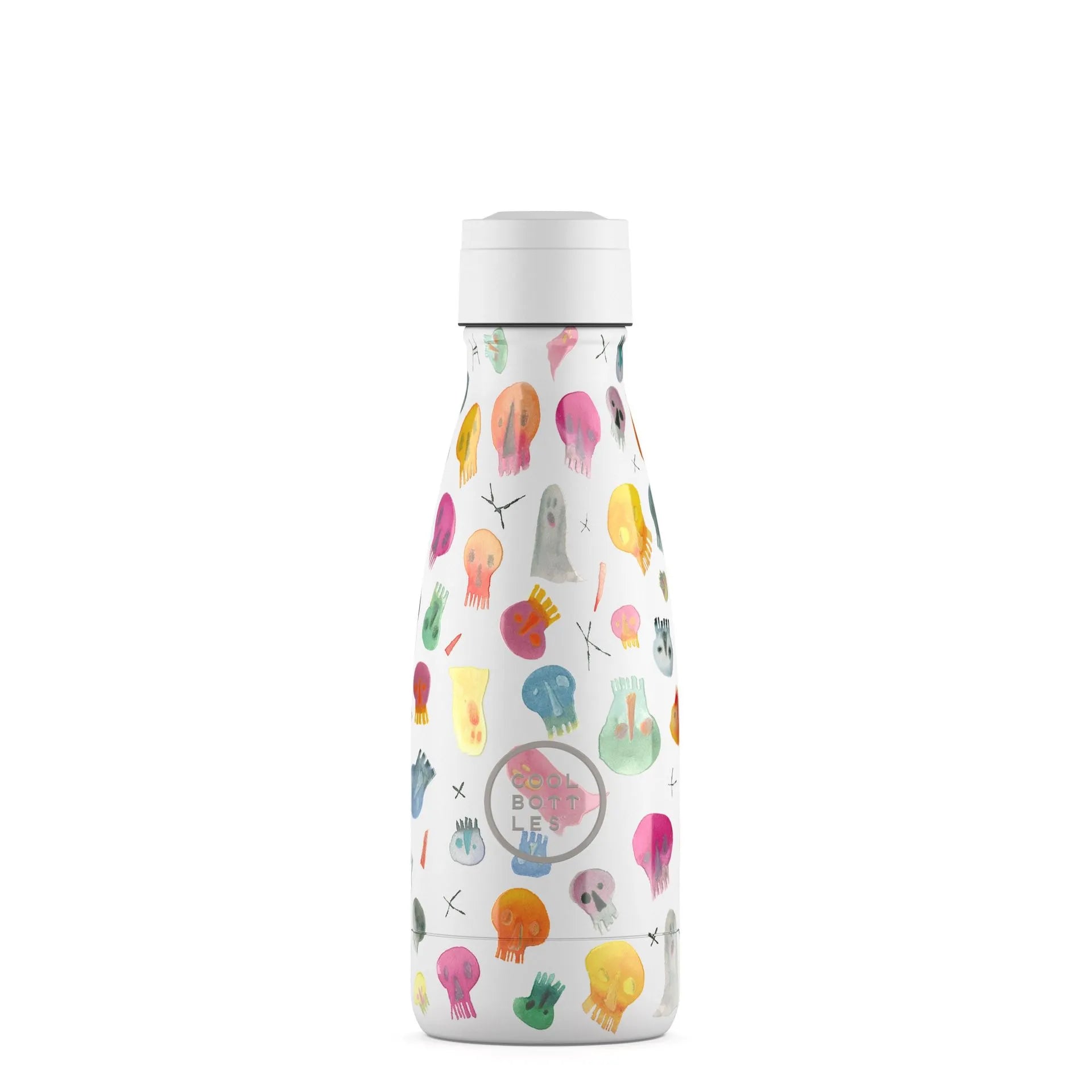 Garrafa térmica Cool Bottles 260ml com padrão "Crazy Skulls" colorido e tampa de rosca branca, vista frontal.