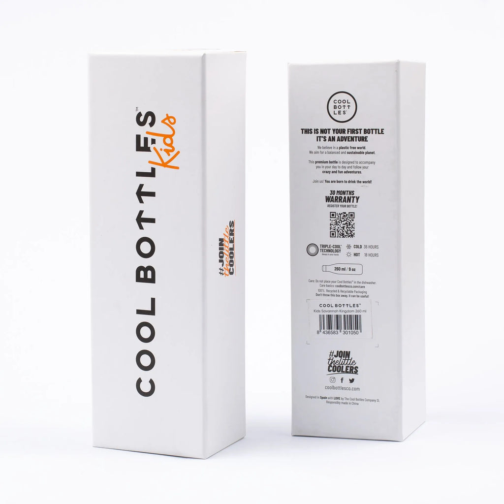 Embalagem da garrafa térmica Cool Bottles Kids 260ml, mostrando especificações de isolamento (36h frio/18h quente) e garantia.