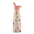 Garrafa térmica infantil Cool Bottles 260ml "Fruit Salad" com palhinha aberta e padrão de frutas sorridentes.