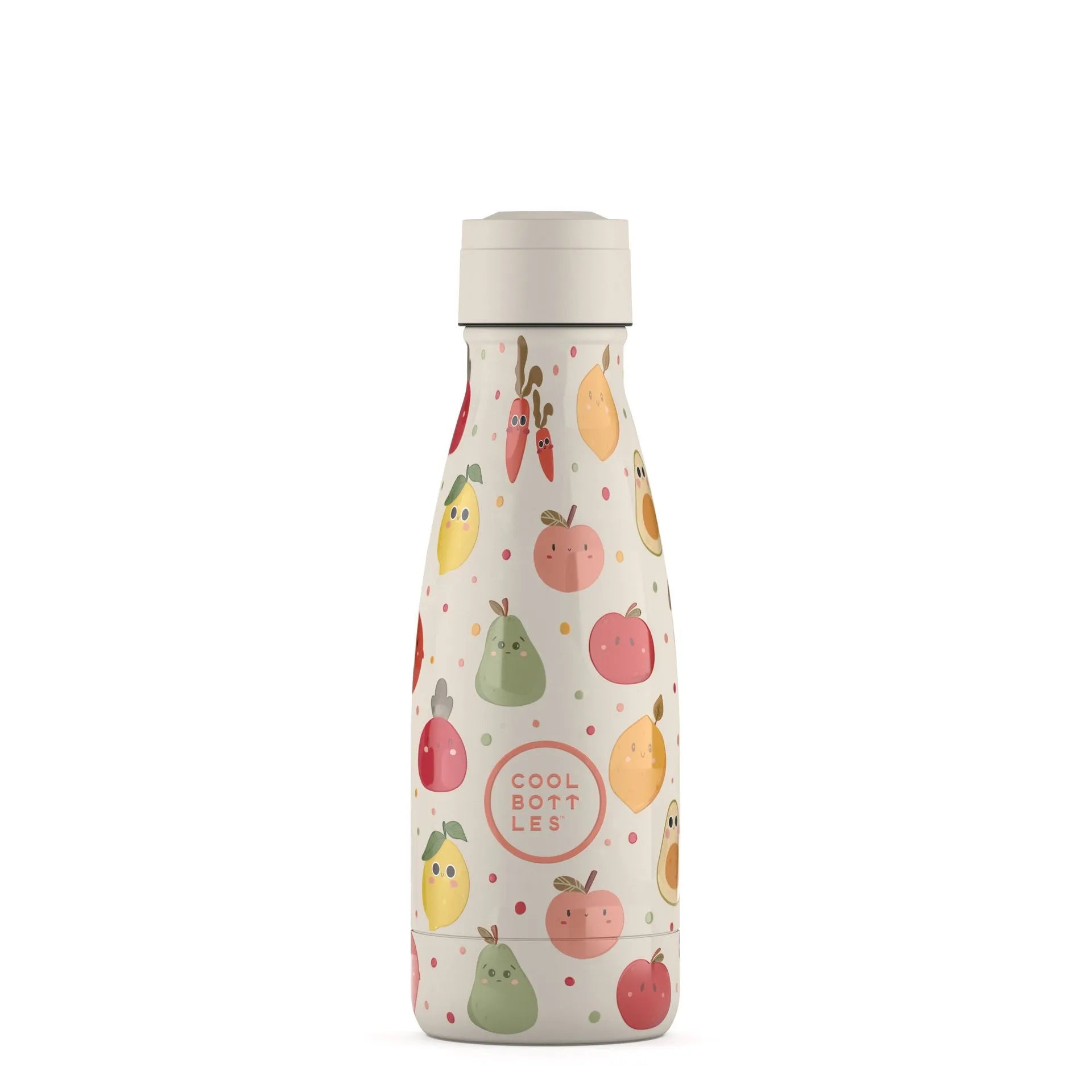 Garrafa térmica infantil Cool Bottles 260ml "Fruit Salad" com tampa de rosca fechada, exibindo o padrão de frutas.