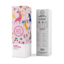 Embalagem da garrafa térmica Cool Bottles Funny Unicorns 350ml, mostrando a frente decorada e o verso com especificações técnicas.