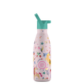 Garrafa térmica infantil Cool Bottles Funny Unicorns 350ml rosa com padrão de unicórnios e tampa de palhinha turquesa.