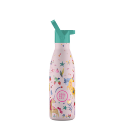 Garrafa térmica infantil Cool Bottles Funny Unicorns 350ml rosa com padrão de unicórnios e tampa de palhinha turquesa.