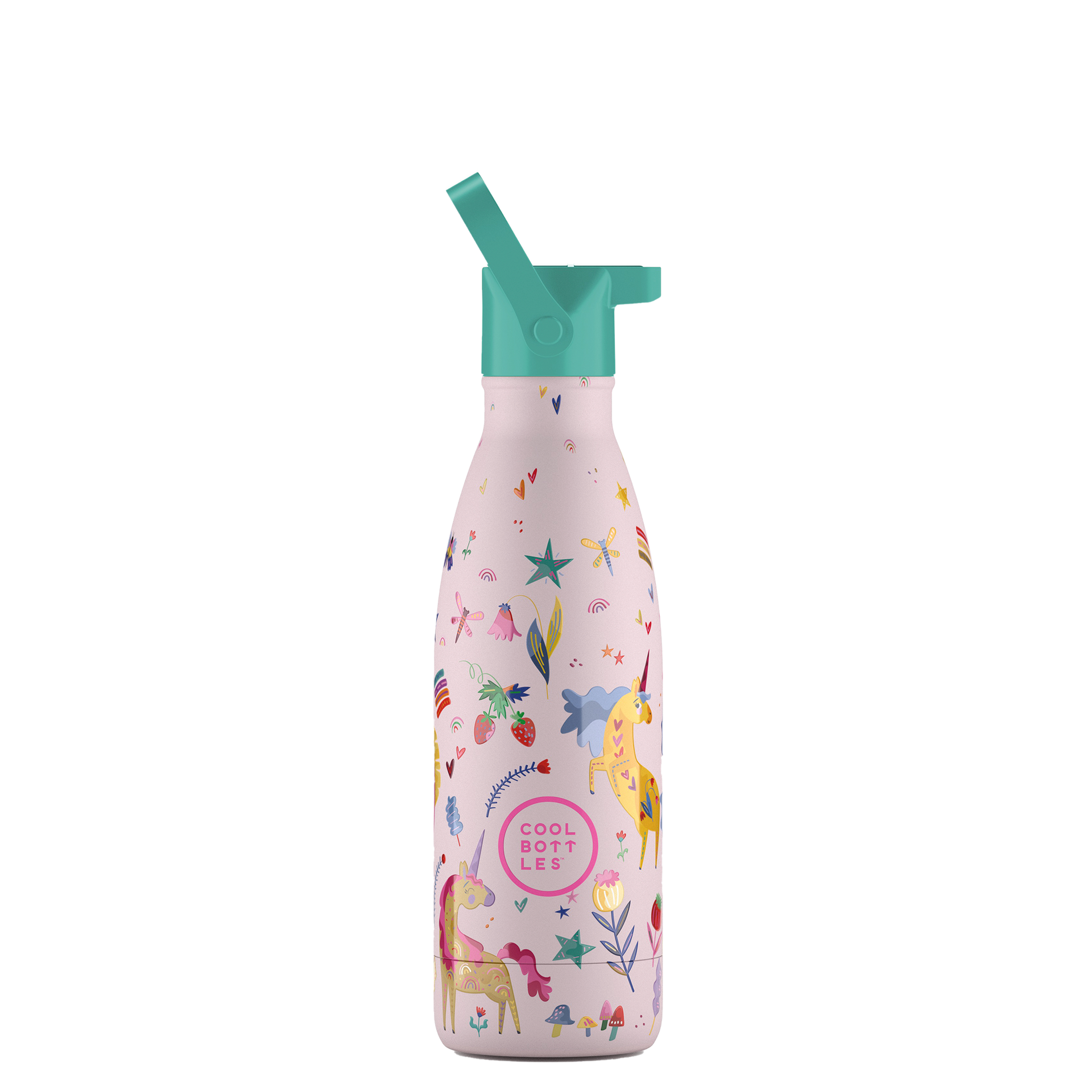 Garrafa térmica infantil Cool Bottles Funny Unicorns 350ml rosa com padrão de unicórnios e tampa de palhinha turquesa.