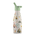 Garrafa térmica Cool Bottles Indian Tribe 260ml com tampa de palhinha verde-clara, exibindo padrão de tendas e bisontes.