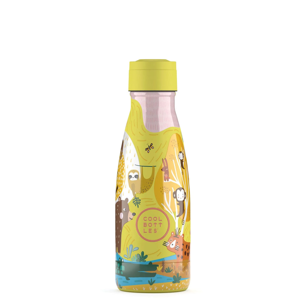 Garrafa térmica infantil Cool Bottles Jungle Park 260ml com tampa de rosca amarela, exibindo padrão de animais da selva em fundo amarelo.