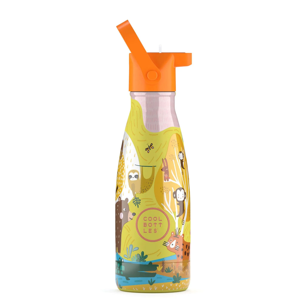 Garrafa térmica infantil Cool Bottles Jungle Park 260ml com tampa de palhinha laranja, exibindo padrão de animais da selva em fundo amarelo.