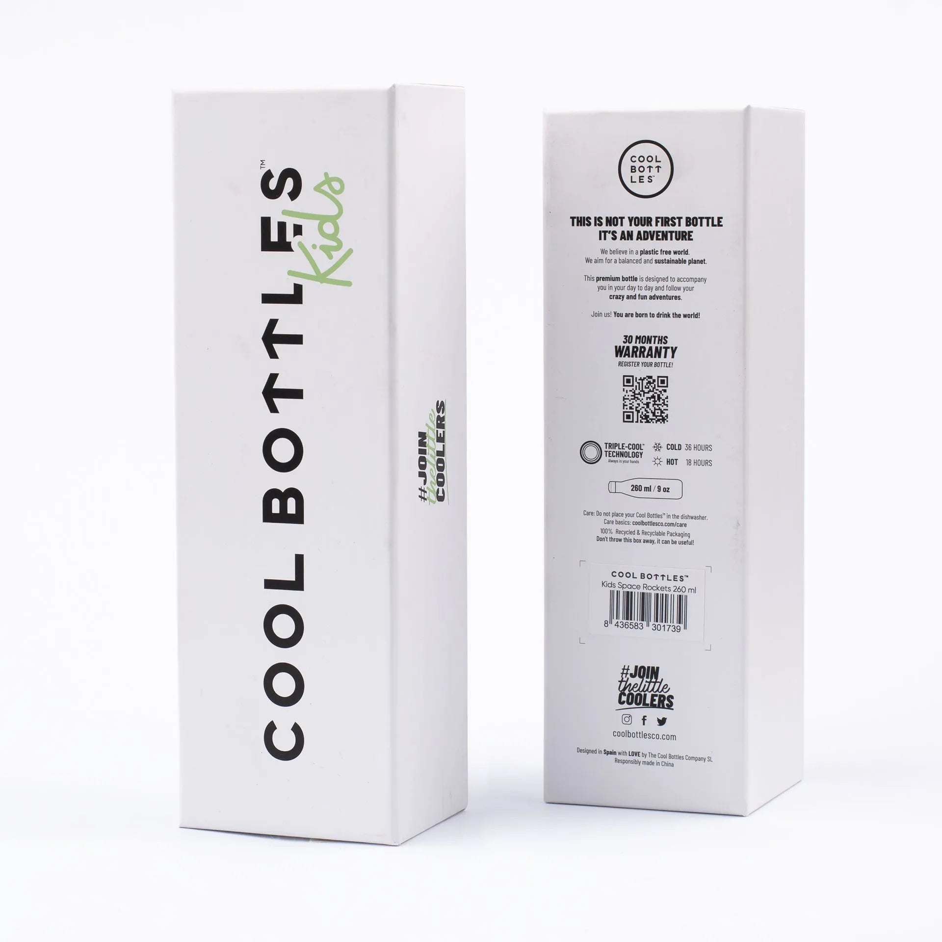 Embalagem branca da garrafa térmica Cool Bottles Kids, mostrando o logo, informações de tecnologia Triple Cool e capacidade de 260 ml.