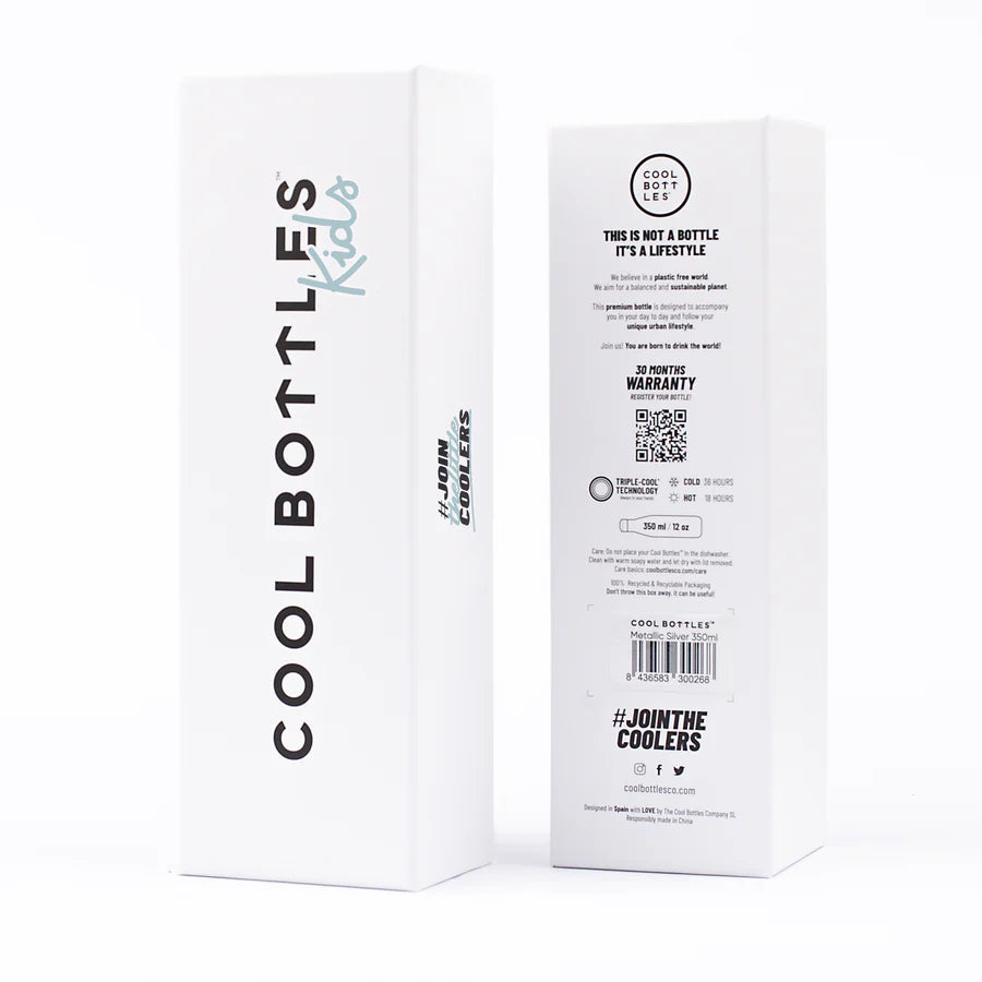 Embalagem branca da garrafa térmica Cool Bottles Kids, mostrando especificações como tecnologia Triple Cool™ e capacidade de 350ml.