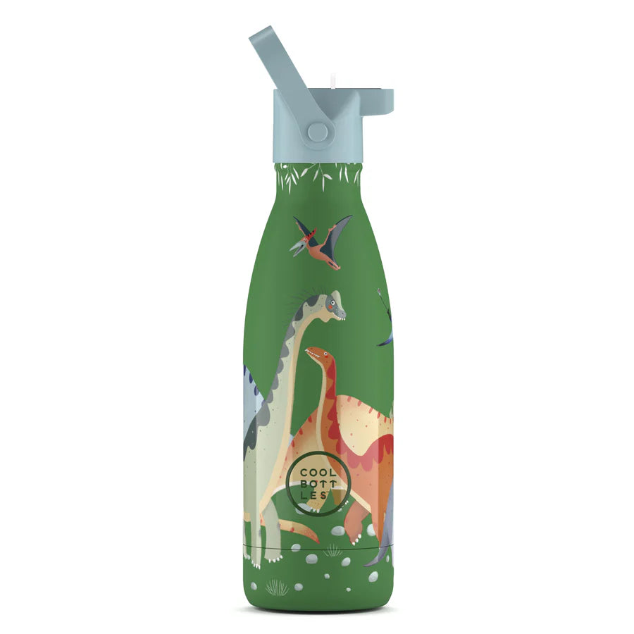 Garrafa térmica infantil Cool Bottles 350ml, verde, com padrão "Jurassic Era" de dinossauros e tampa azul clara.