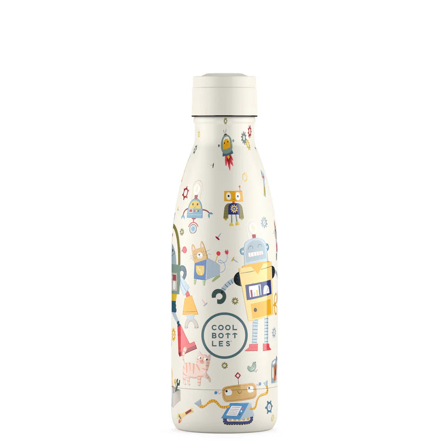Garrafa térmica Cool Bottles 350ml, padrão "Messy Robots", com tampa de rosca branca, vista frontal isolada sobre fundo branco.