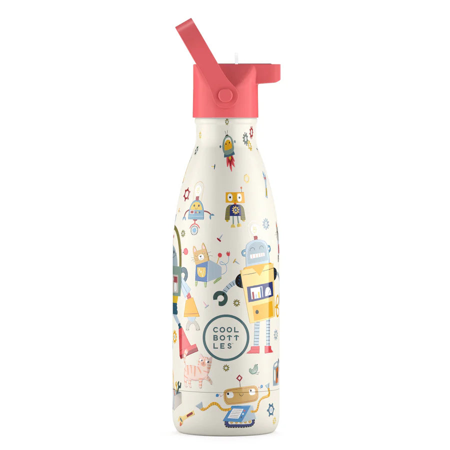 Garrafa térmica infantil Cool Bottles 350ml com padrão "Messy Robots", cor creme e tampa rosa, exibindo o logótipo.