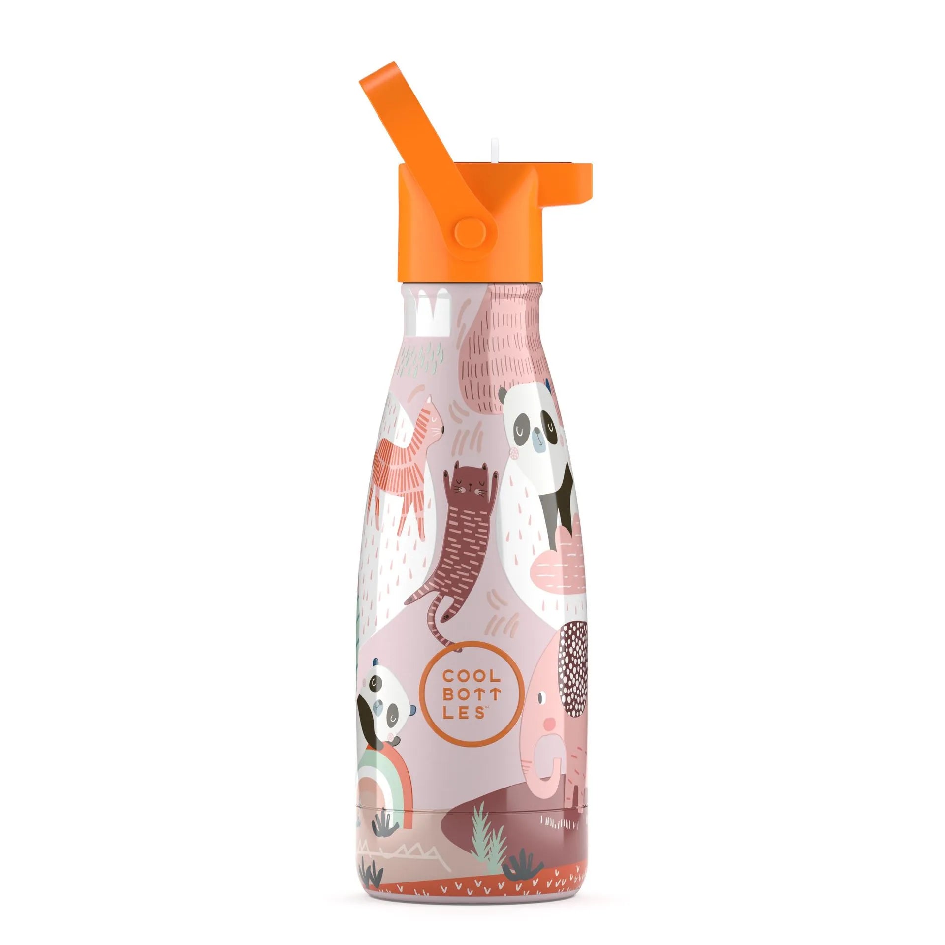 Garrafa térmica infantil Cool Bottles Panda Gang 260ml, cor de base rosa pálido, com tampa desportiva laranja aberta e ilustrações de animais e arco-íris.