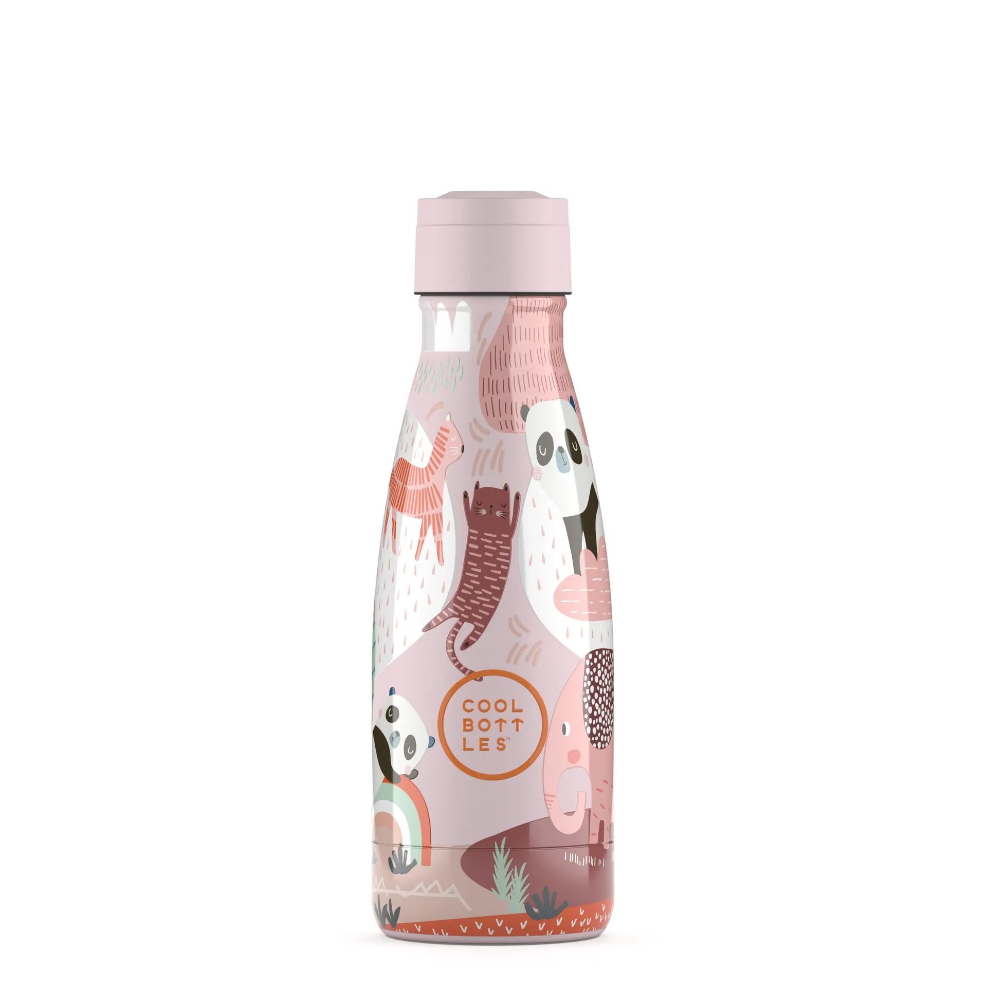 Garrafa térmica Cool Bottles Panda Gang 260ml com tampa de rosca rosa pálido, exibindo o padrão de animais e o logótipo da marca.