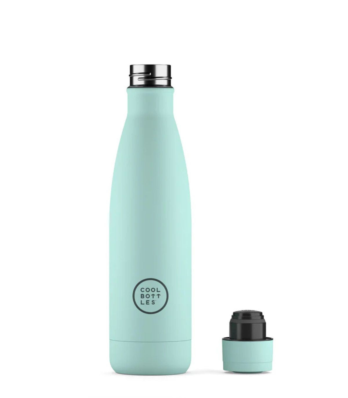 Garrafa térmica Cool Bottles 500ml cor Pastel Sky, com tampa de rosca metálica e tampa removida ao lado.