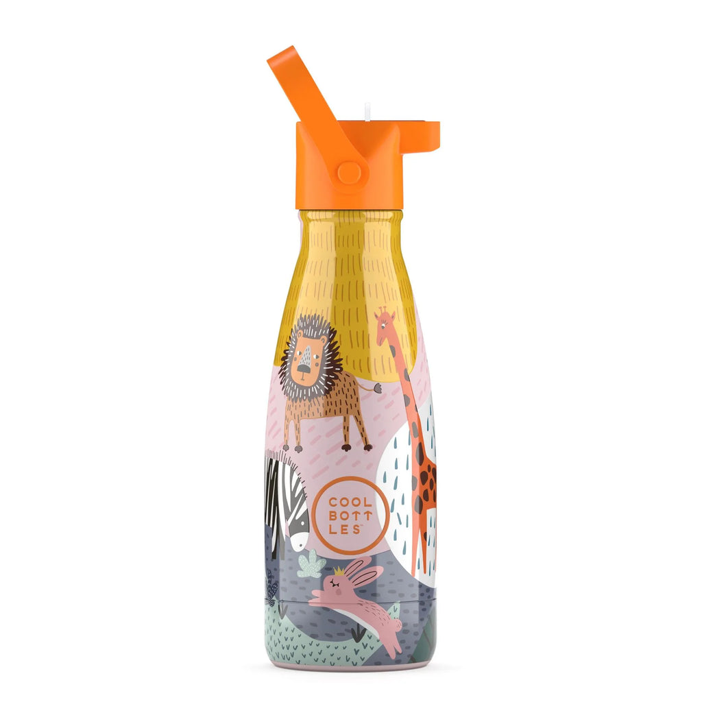 Garrafa térmica Cool Bottles Savannah Kingdom 260ml com padrão de animais da savana e duas opções de tampa.