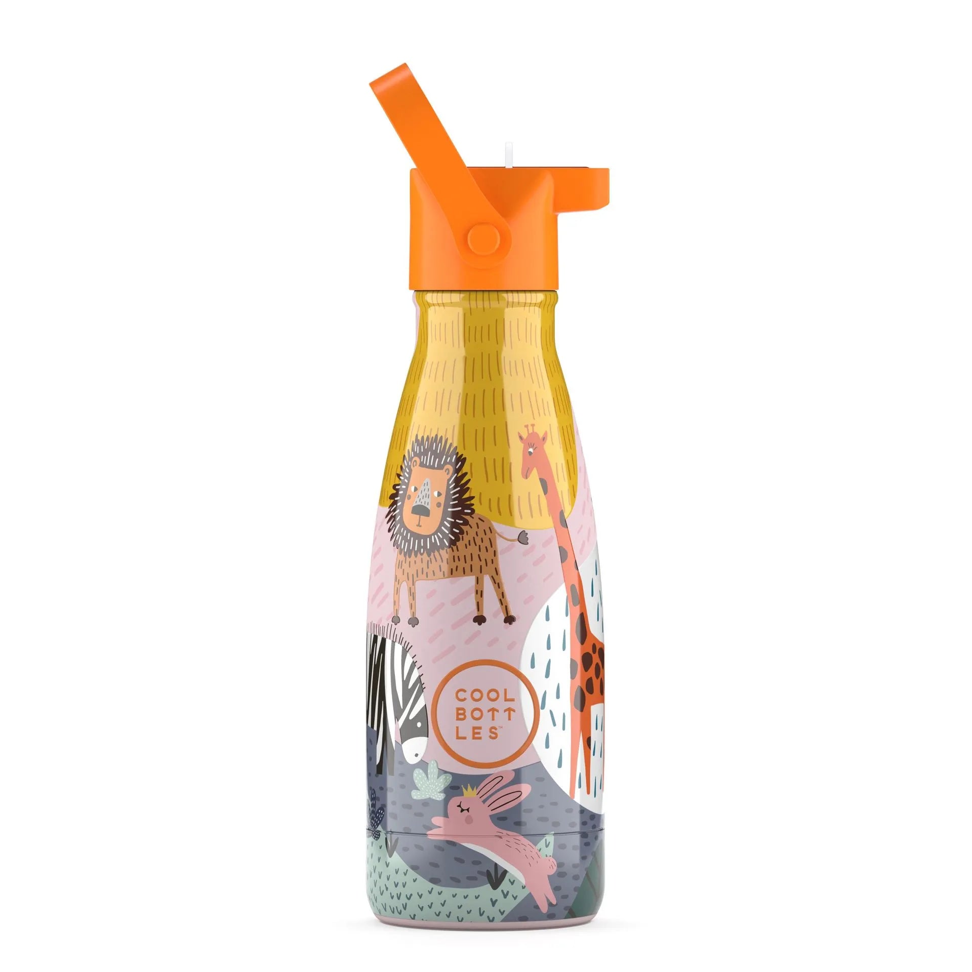 Garrafa térmica Cool Bottles Savannah Kingdom 260ml com padrão de animais da savana e duas opções de tampa.