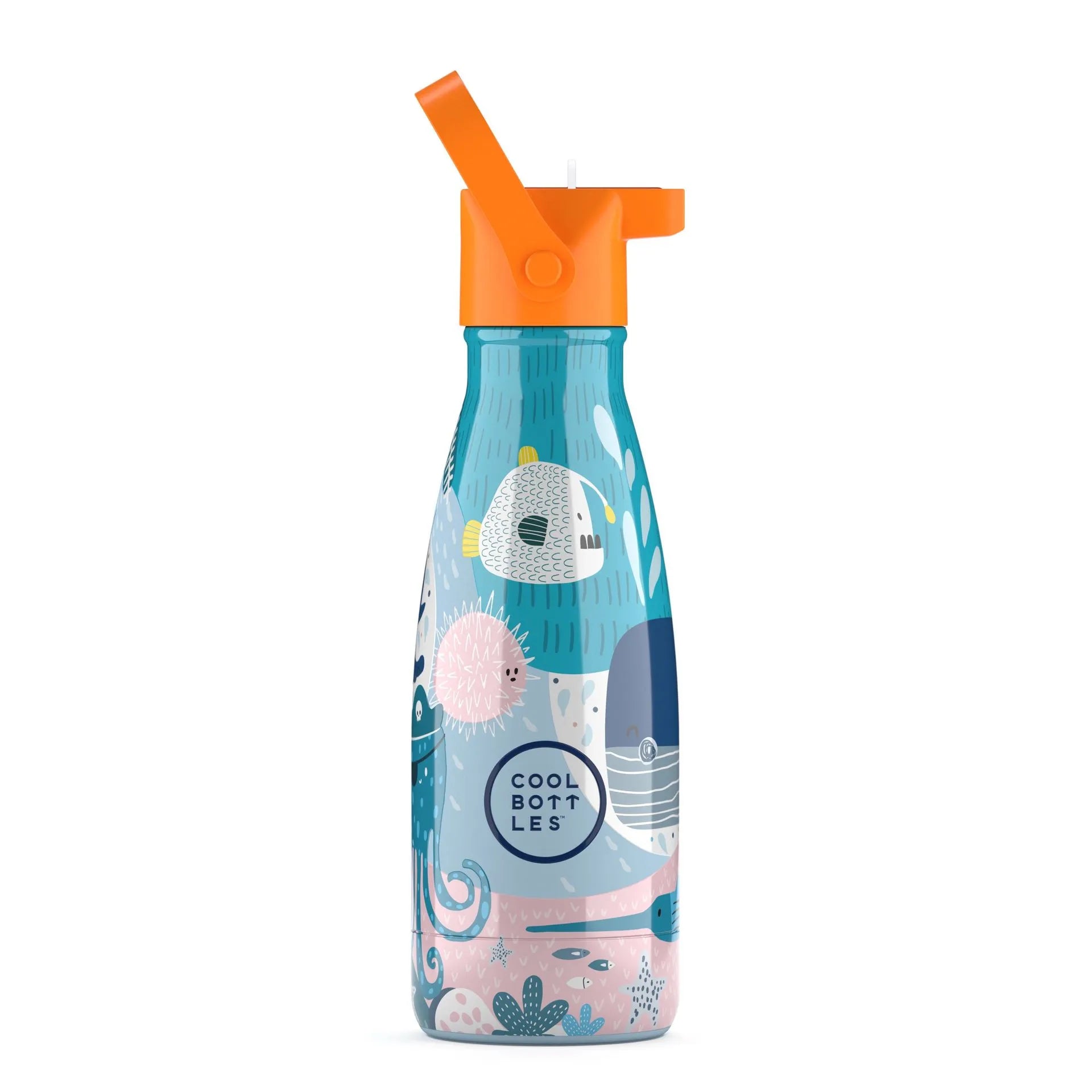 Garrafa térmica infantil Cool Bottles Sea World 260ml com estampa marinha, tampa laranja e palhinha aberta.