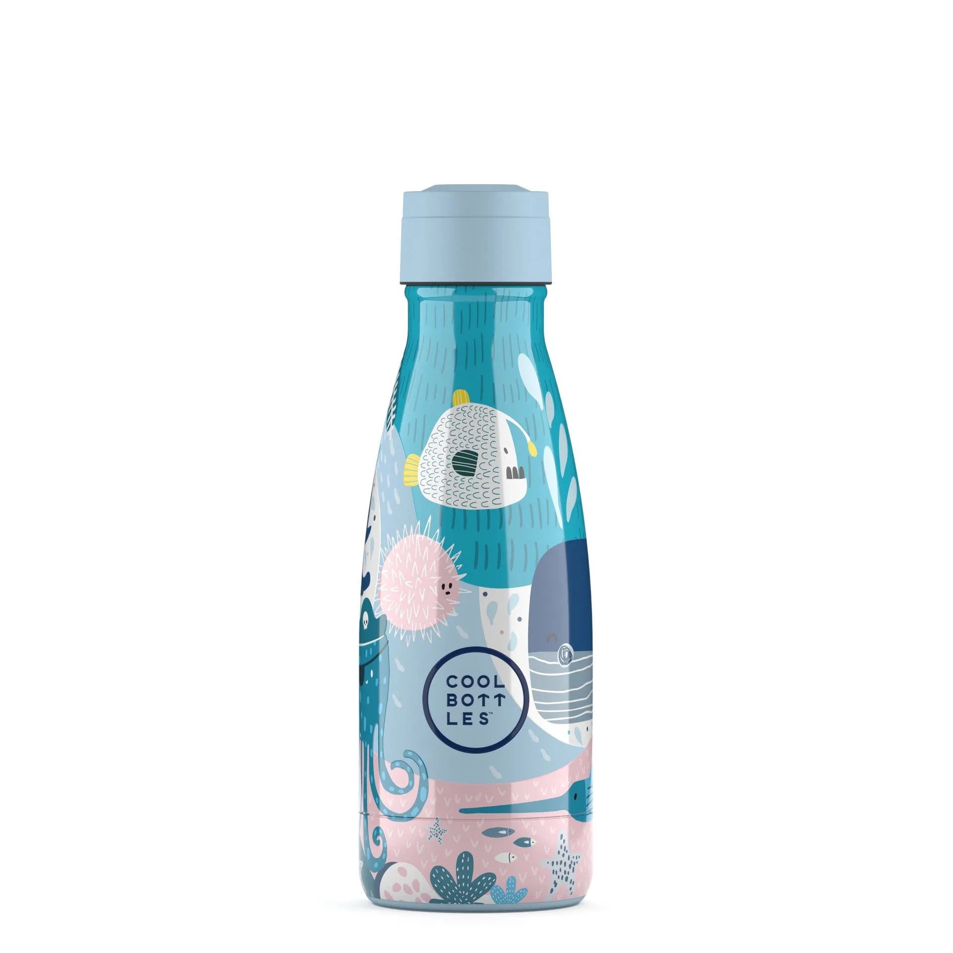 Garrafa térmica Cool Bottles 260ml, tema Sea World, fechada com tampa de rosca azul clara, ideal para crianças.