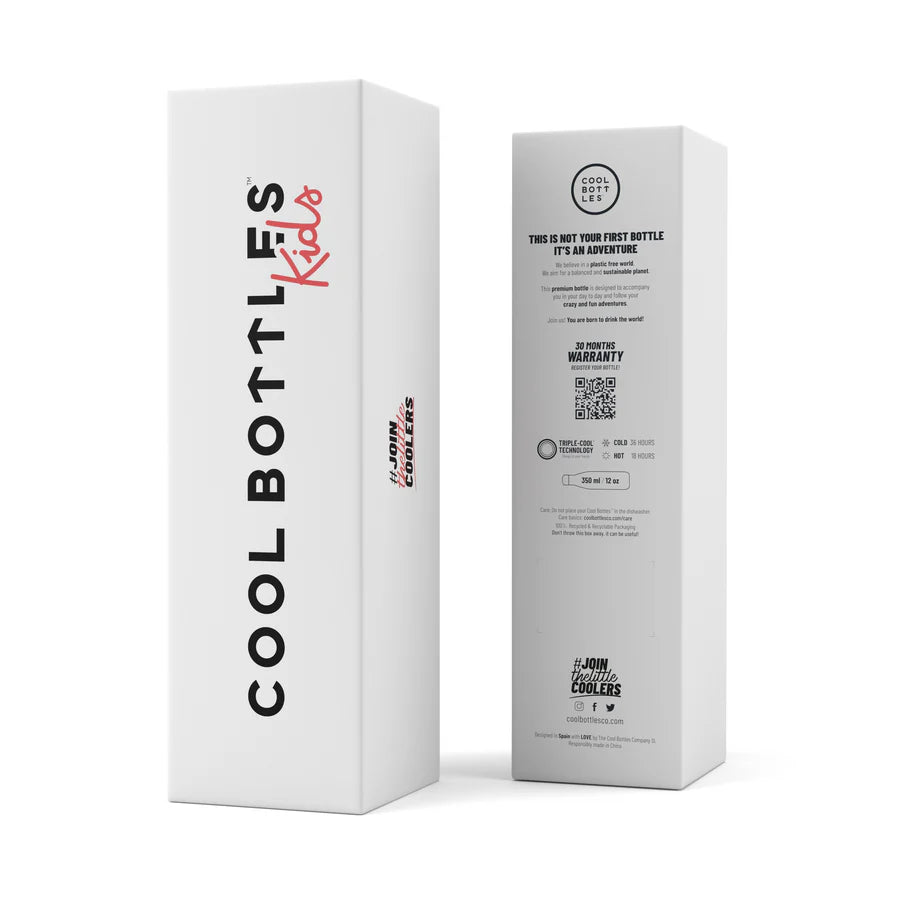 Embalagem de cartão da garrafa térmica Cool Bottles Kids, mostrando o lado frontal e o lado com especificações técnicas, incluindo a tecnologia Triple Cool.