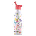 Garrafa térmica infantil Cool Bottles Sweet Mermaids 350ml com tampa de palhinha cor-de-rosa aberta, exibindo o padrão de sereias e vida marinha.