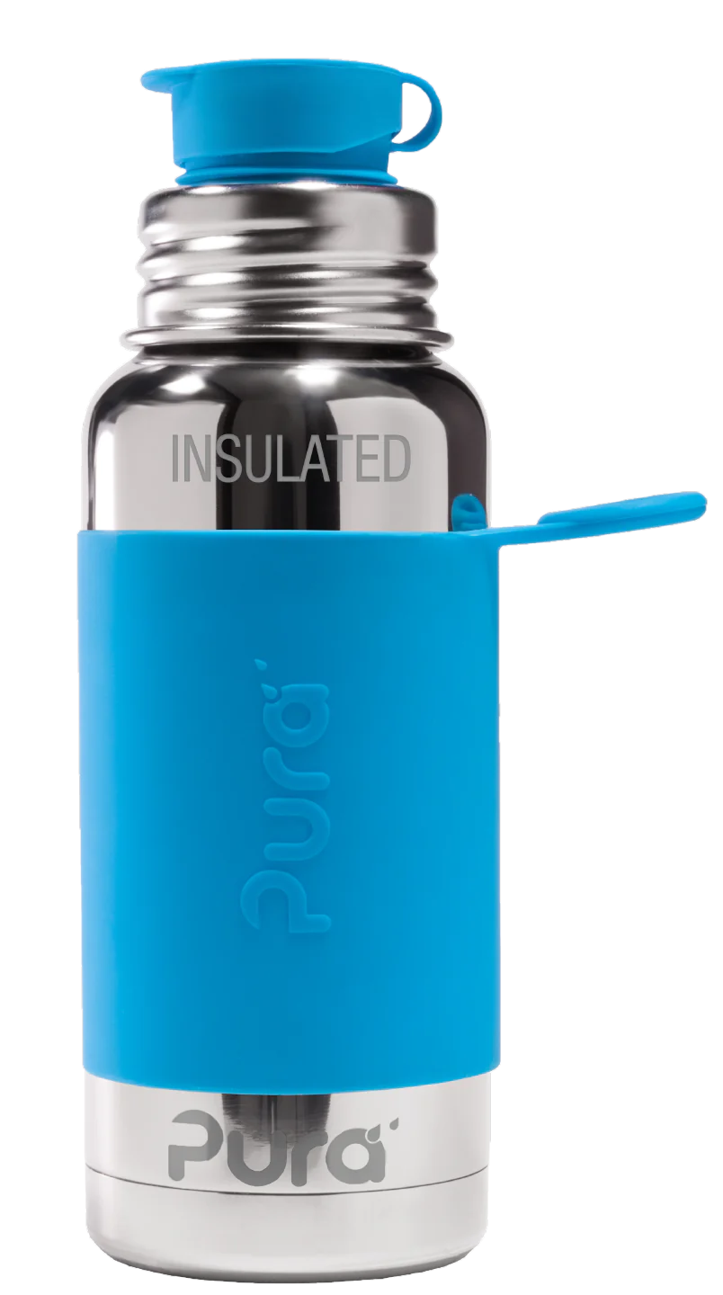 Garrafa térmica Pura em aço inoxidável com capa protetora de silicone azul brilhante e tampa desportiva azul.