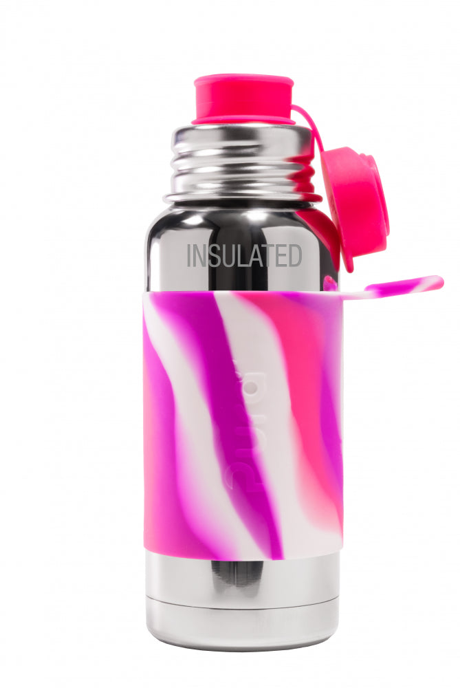 Garrafa térmica Pura em aço inoxidável com capa protetora de silicone com padrão em tons de rosa e branco, e tampa desportiva cor-de-rosa.