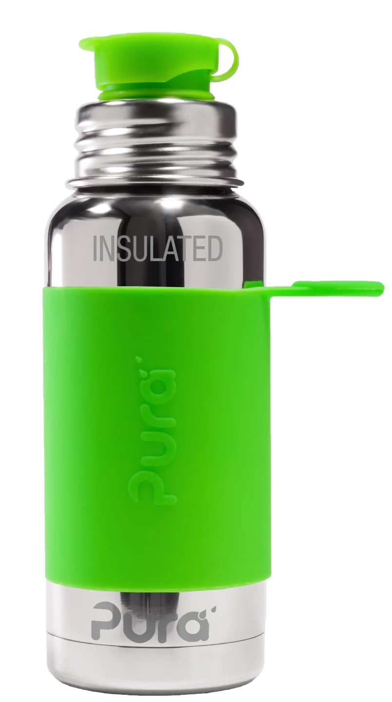 Garrafa térmica Pura em aço inoxidável com capa protetora de silicone verde limão e tampa desportiva verde.