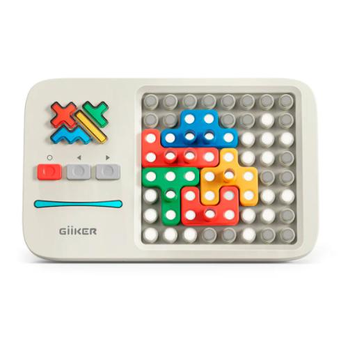 Consola de jogo eletrónico Giiker Super Blocks com peças de puzzle coloridas arranjadas num desafio.