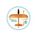 Vista superior do Buki Avião Planador em espuma laranja, com setas indicando as dimensões de 49cm de envergadura e 48cm de comprimento.