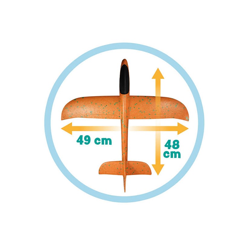Vista superior do Buki Avião Planador em espuma laranja, com setas indicando as dimensões de 49cm de envergadura e 48cm de comprimento.