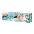 Embalagem do Buki Avião Planador em espuma de 48cm, mostrando o avião laranja e uma criança feliz.