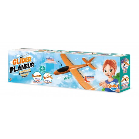 Embalagem do Buki Avião Planador em espuma de 48cm, mostrando o avião laranja e uma criança feliz.
