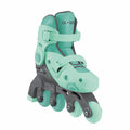 Patins em linha Globber 2 em 1 Menta, vistos de lado, cor verde-água e cinzento, focados no design ajustável e fechos.