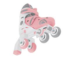 Patins Globber 2 em 1 rosa pastel em modo em linha, com as rodas alinhadas, visto de um ângulo inclinado.