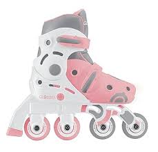 Patins em linha Globber 2 em 1, cor rosa pastel e branco, em modo de aprendizagem com rodas traseiras paralelas.