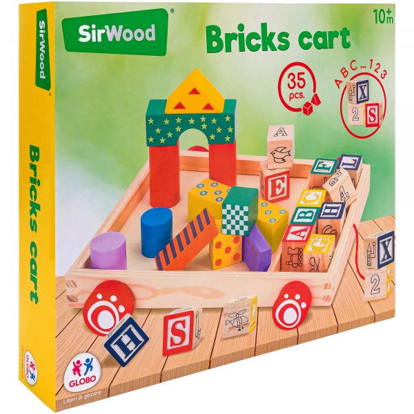 Embalagem do carrinho de construção em madeira Sirwood da Globo, mostrando 35 peças coloridas, incluindo blocos com letras do alfabeto.