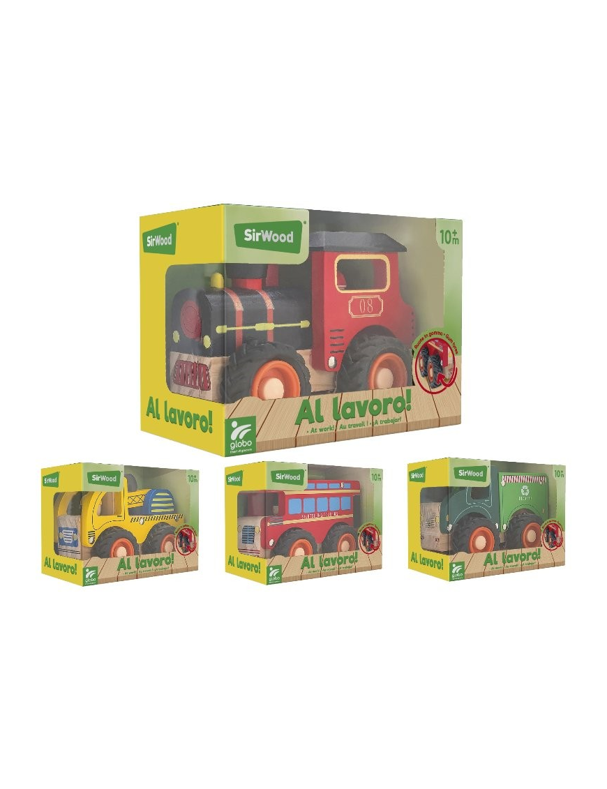 Conjunto de carrinhos de brincar em madeira Globo SirWood, incluindo comboio, camião amarelo, autocarro vermelho e camião do lixo verde, todos em embalagens individuais.