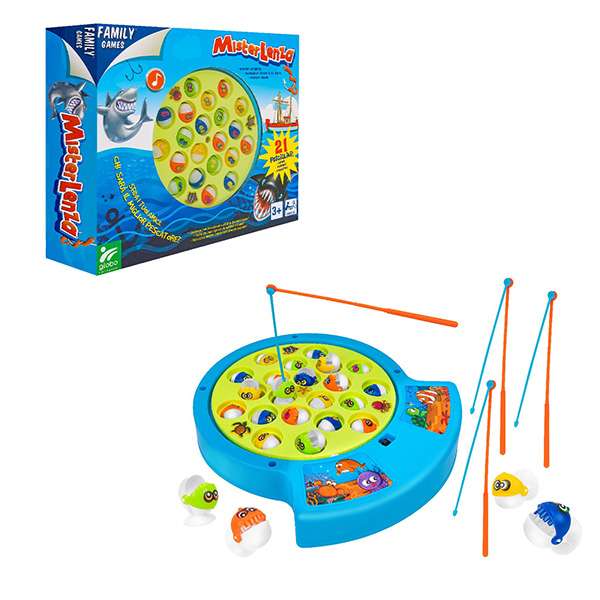 Globo Jogo da pesca com 4 canas e música, mostrando o tabuleiro redondo com 21 peixes e as 4 canas de pesca, junto à caixa do jogo.