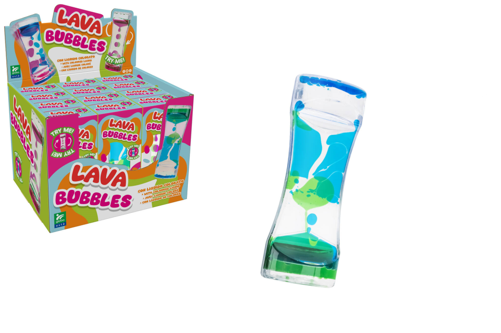 Caixa expositora Buki Globo Lava Bubbles com várias unidades e um globo azul e verde em destaque, mostrando o efeito calmante.