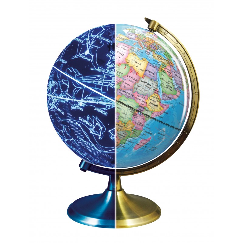 Globo terrestre dividido ao meio, metade mostrando o mapa político diurno e a outra metade mostrando o mapa das constelações noturnas iluminado.